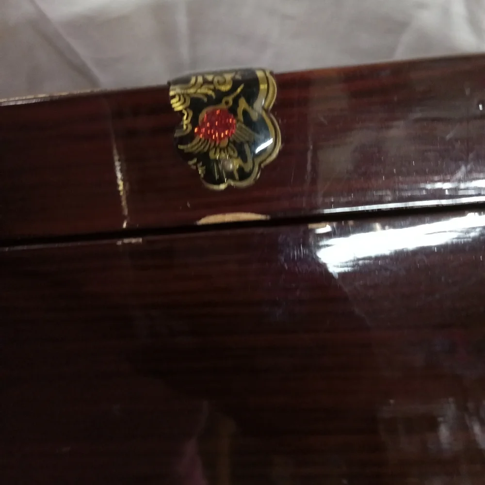 Vintage Asian Style Wooden Jewelry Box with Beveled Mirror